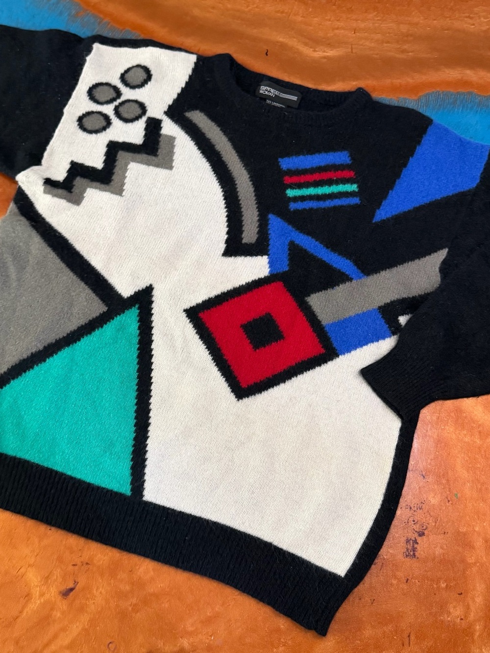 Vintage 80s/90s Abstract Geometric Angora Lambswool Sweater Oversized 2X art